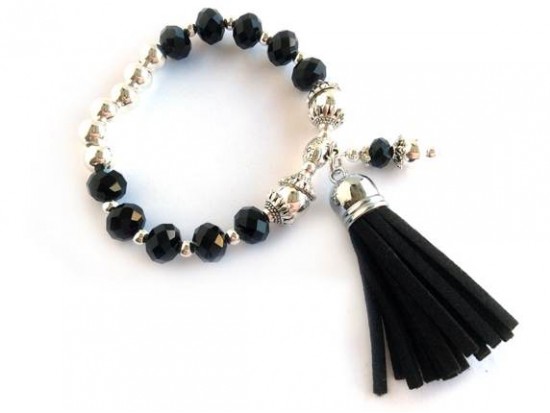 Black Crystal Silver Tassel Charm Bracelet Black Crystal Silver Tassel Charm Bracelet