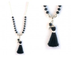 Black Crystal Silver Rolo Chain Tassel Charm Necklace