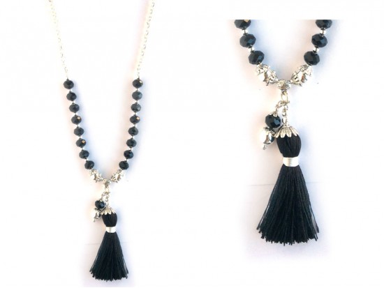 Black Crystal Silver Rolo Chain Tassel Charm Necklace Black Crystal Silver Rolo Chain Tassel Charm Necklace