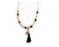 Silver Black Fleur de Lis Black Tassel Charm Necklace