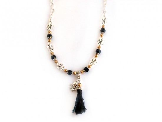 Silver Black Fleur de Lis Black Tassel Charm Necklace
