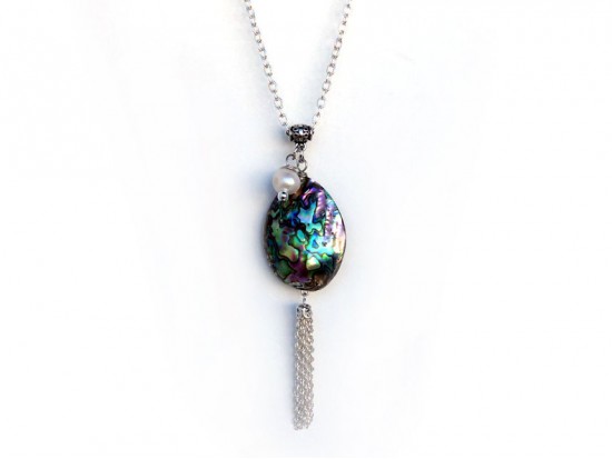 Abalone Shell Pearl Silver Metal Tassel Necklace
