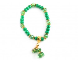 Green Glass Pearls Crystals Stretch Charm Bracelet