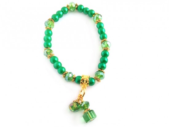 Green Glass Pearls Crystals Stretch Charm Bracelet