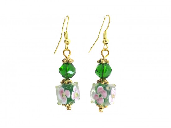 Green Hand Blown Glass Floral Cube Hook Earrings Green Hand Blown Glass Floral Cube Hook Earrings