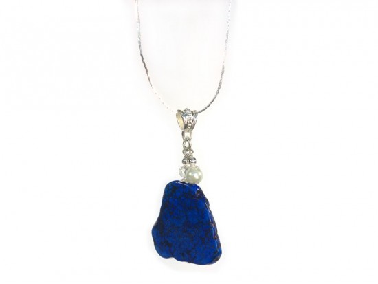 Blue Dyed Magnesite Slab Pearl Charm Necklace