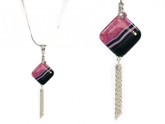 Black Onyx Striped Fuchsia Diamond Tassel Necklace