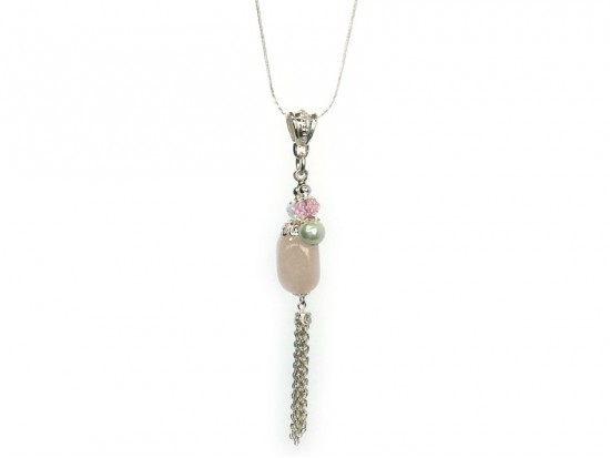 Rose Quartz Cube Pearl Tassel Chain Necklace