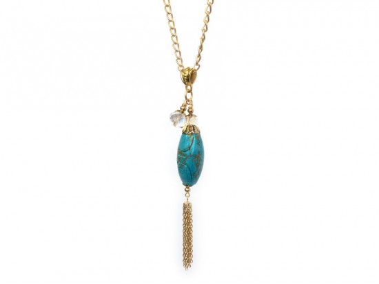 Turquoise Dyed Carved Barrel Gold Tassel Necklace Turquoise Dyed Carved Barrel Gold Tassel Necklace