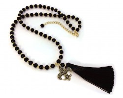 Black Tassel Gold Fleur De Lis Stone Bead Necklace