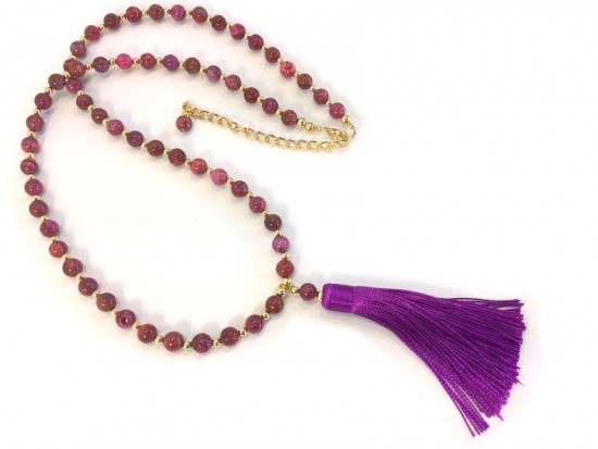 Fuchsia Tassel Gold Stone Bead Necklace Fuchsia Tassel Gold Stone Bead Necklace