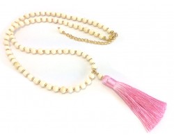 Ivory Pink Tassel Gold Stone Bead Necklace