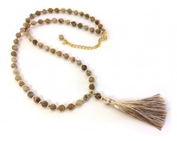 Khaki Tassel Picture Jasper Stone Bead Necklace