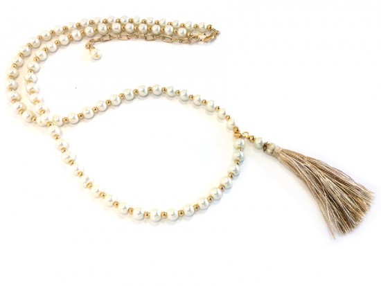 Khaki Tassel Pearl Glass Bead Necklace