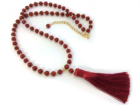 Red Tassel Gold Stone Bead Necklace