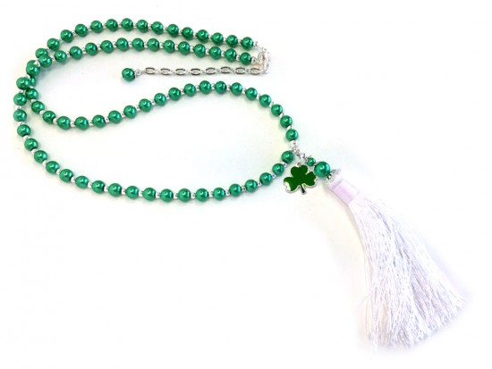 Green Glass Pearl Charm Silver Tassel Necklace