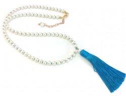 Aquamarine Seed Bead Pearl Tassel Necklace