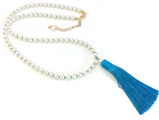 Aquamarine Seed Bead Pearl Tassel Necklace