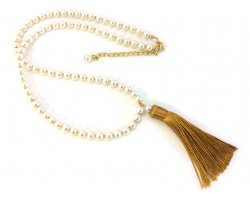 Gold Seed Bead Pearl Tassel Necklace
