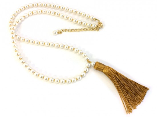 Gold Seed Bead Pearl Tassel Necklace