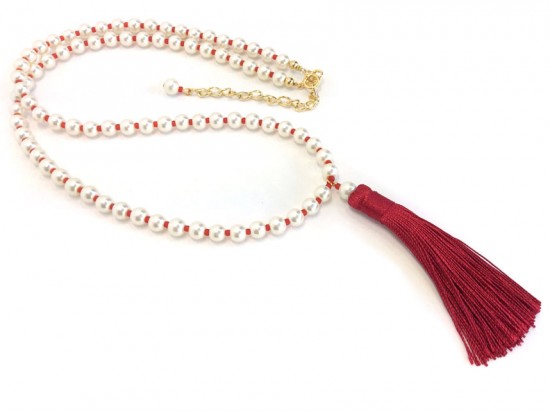 Red Seed Bead Pearl Tassel Necklace