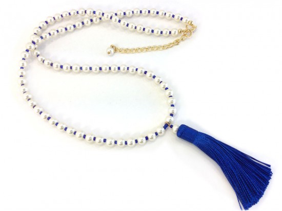 Blue Seed Bead Pearl Tassel Necklace