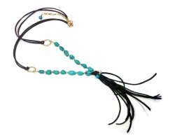 Turquoise Stone Nugget Gold Leather Tassel Necklace