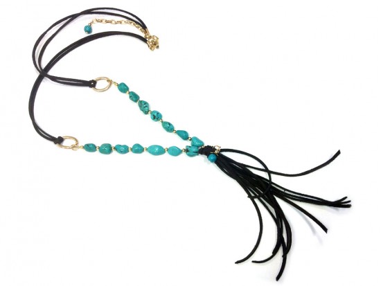 Turquoise Stone Nugget Gold Leather Tassel Necklace Turquoise Stone Nugget Gold Leather Tassel Necklace