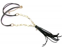 White Stone Nugget Gold Leather Tassel Necklace