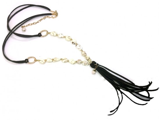 White Stone Nugget Gold Leather Tassel Necklace White Stone Nugget Gold Leather Tassel Necklace