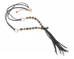 Brown Acid Agate Gold Leather Tassel Necklace