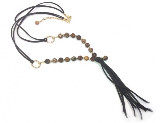 Brown Acid Agate Gold Leather Tassel Necklace