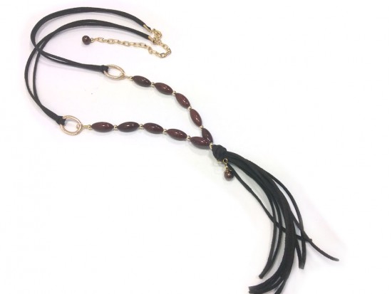 Brown Oval Stone Gold Leather Tassel Necklace