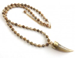 Khaki Horn Gold Stone Bead Necklace