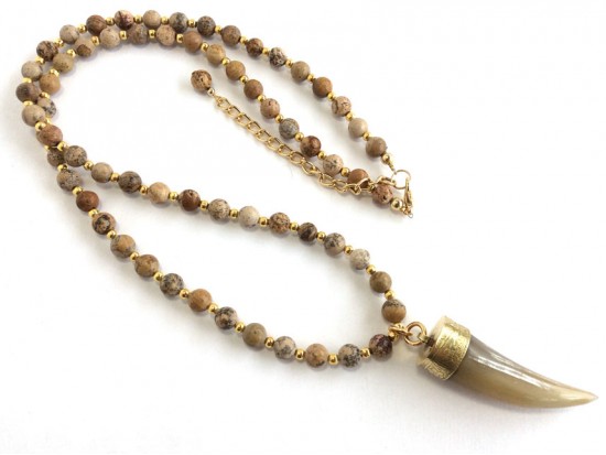 Khaki Horn Gold Stone Bead Necklace