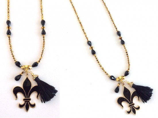 Black Gold Fleur de Lis Tassel Beaded Necklace