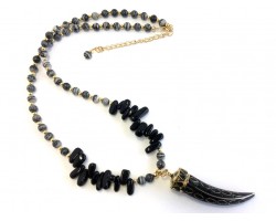 Tiger Agate Black Stone Nugget Horn Necklace