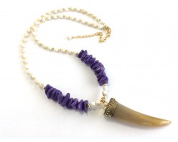 Bone Purple Dyed Stone Nugget Horn Necklace