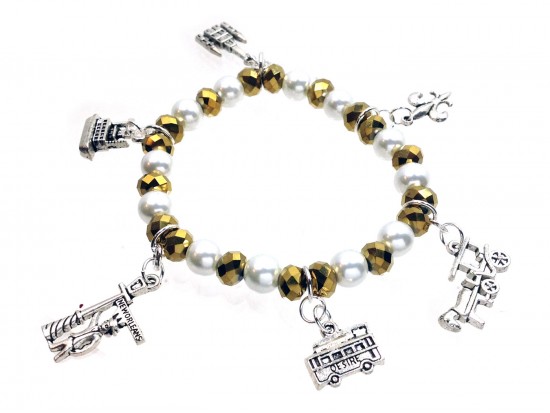 Gold Crystal Pearl NOLA Charm Stretch Bracelet