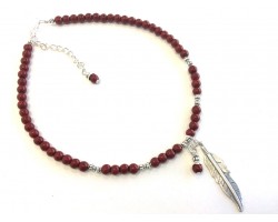 Dark Red Pearl Beads Silver Feather Choker Necklace