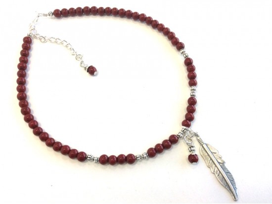 Dark Red Pearl Beads Silver Feather Choker Necklace Dark Red Pearl Beads Silver Feather Choker Necklace