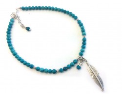 Turquoise Beads Silver Feather Choker Necklace