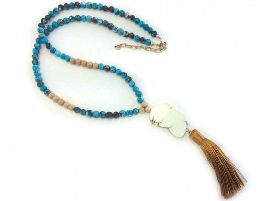 Beige Stone Slab Turquoise Dyed Stone Bead Necklace Beige Stone Slab Turquoise Dyed Stone Bead Necklace