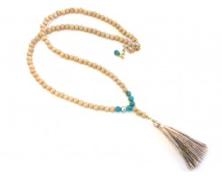 Beige Natural Wood Turquoise Bead Beige Tassel Necklace