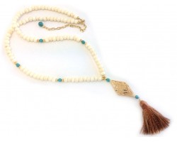 Carved Bone Pendant Bleach Bone Bead Tassel Necklace