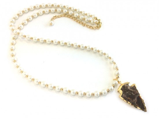 Pearl White Glass Bead Arrowhead Necklace