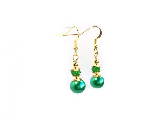 Green Pearl Crystal Gold Hook Earrings