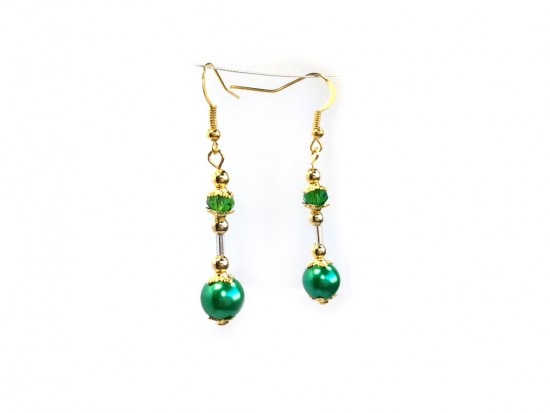 Green Pearl Bugle Crystal Gold Hook Earrings Green Pearl Bugle Crystal Gold Hook Earrings