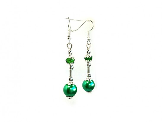 Green Pearl Bugle Crystal Silver Hook Earrings Green Pearl Bugle Crystal Silver Hook Earrings