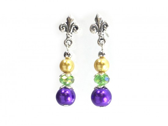 Mardi Gras Pearl Fleur De Lis Post Earrings